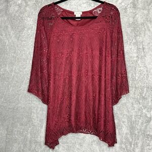 Brittany Black XL Shirt Top Burgundy Red Solid Flared 3/4 Sleeve Scoop Neck Lace